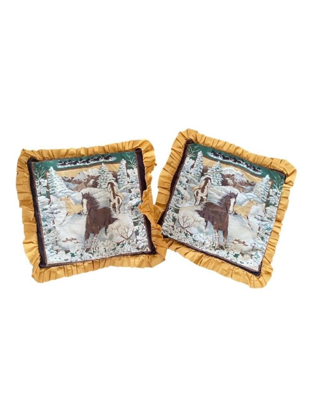 Vintage Equestrian Horse Pillow Covers Ruffle 80s/90s Winter Scene Set Of 2